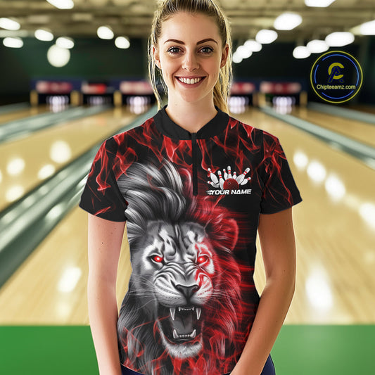Custom Red Flame Lion Bowling Quarter-Zip Team Shirt For Women, Lion Bowling League Shirt IPHW9326