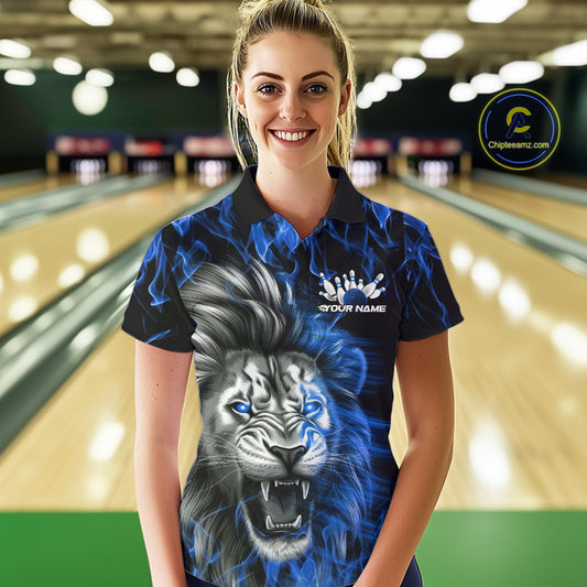 Custom Blue Flame Lion Bowling Polo Team Shirts For Women, Lion Bowling League Shirt IPHW9327
