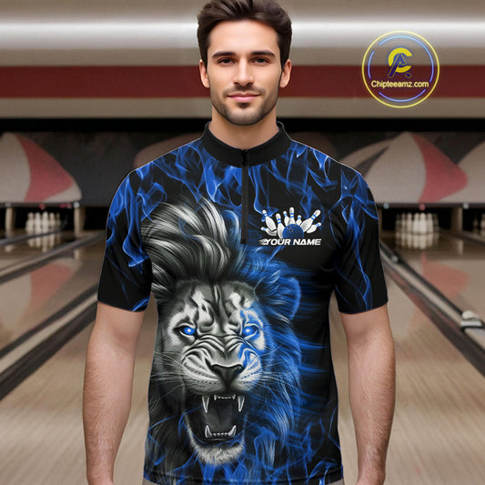 Custom Blue Flame Lion Bowling Quarter-Zip Team Shirts For Men, Lion Bowling League Shirt IPHW9327