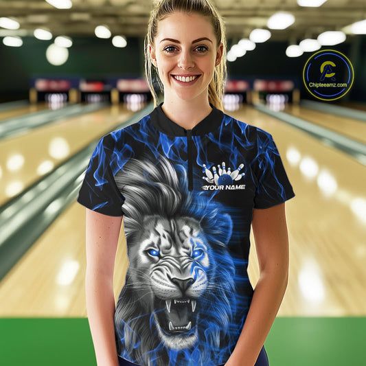 Custom Blue Flame Lion Bowling Quarter-Zip Team Shirt For Women, Bowling League Shirt IPHW9327