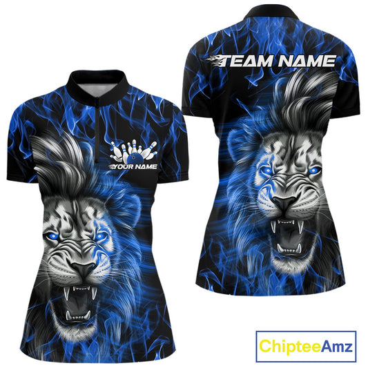 Custom Blue Flame Lion Bowling Quarter-Zip Team Shirt For Women, Bowling League Shirt IPHW9327