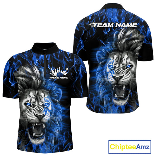 Custom Blue Flame Lion Bowling Quarter-Zip Team Shirts For Men, Lion Bowling League Shirt IPHW9327