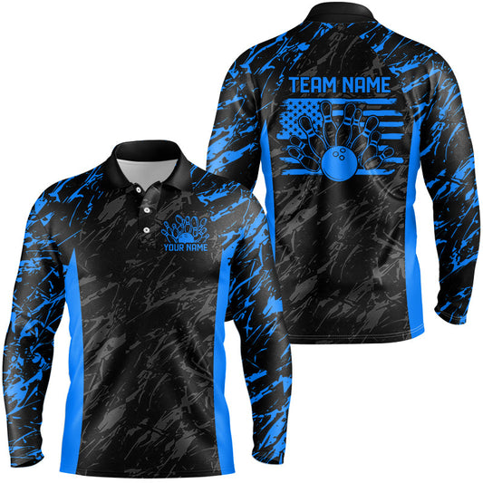 Black And Blue Camo Custom Patriotic Bowling Shirts For Men, American Flag US Bowling League Shirt IPHW7914