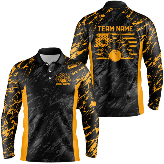 Black And Yellow Camo Custom Patriotic Bowling Shirt For Men, American Flag US Bowling League Shirt IPHW7915