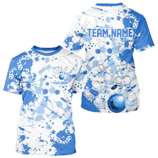 Custom White And Blue Splatter Bowling T-Shirts For Men, Bowling Team With Name IPHW7918