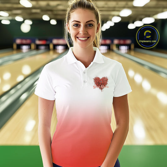 Custom Red Butterflies Heart Bowling Team Women Polo Shirts, Ladies Bowling League Shirt IPHW10237