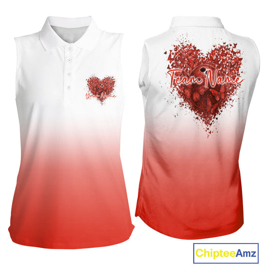 Custom Red Butterflies Heart Bowling Team Women Sleeveless Shirts, Ladies Bowling League Shirt IPHW10237
