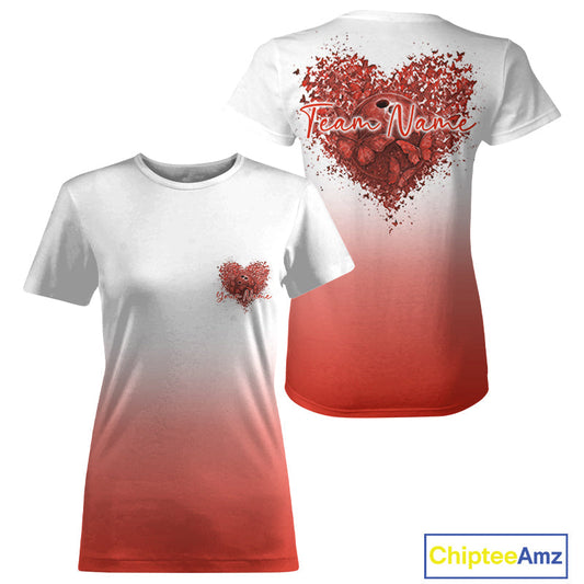 Custom Red Butterflies Heart Bowling Team Women T-Shirts, Ladies Bowling League IPHW10237