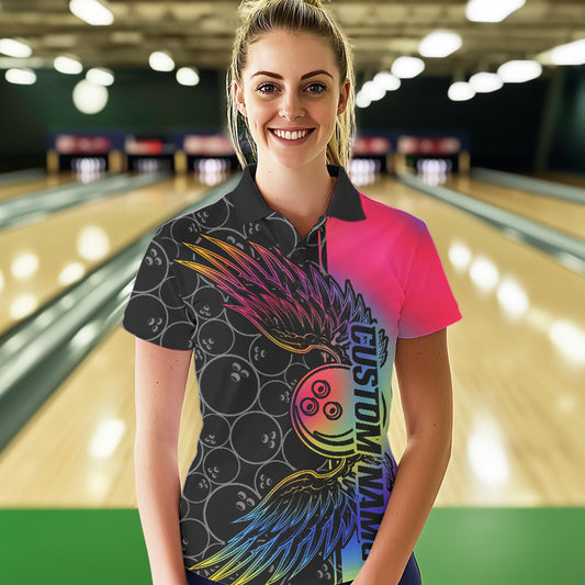 Colorful Rainbow Custom Bowling Tournament Women Polo Shirt, Bowling Ball And Wings Jerseys IPHW8846