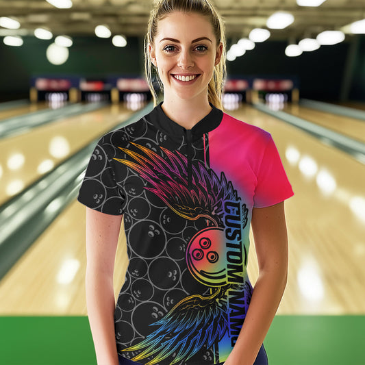 Colorful Rainbow Custom Bowling Tournament Women Quarter-Zip Shirts, Bowling Ball And Wings IPHW8846