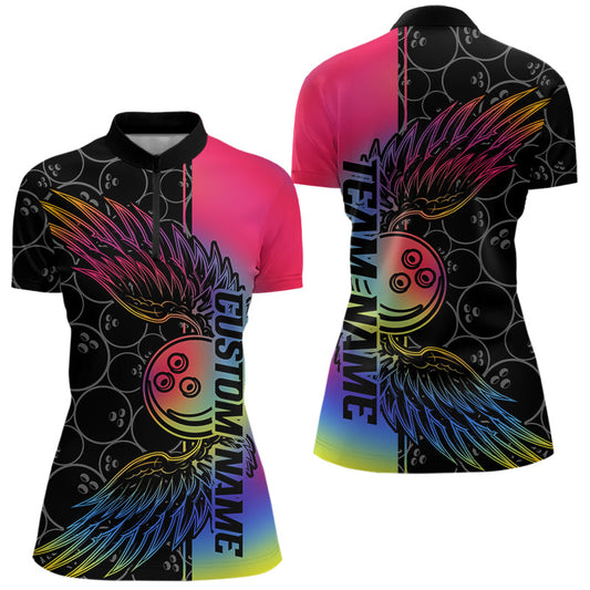 Colorful Rainbow Custom Bowling Tournament Women Quarter-Zip Shirts, Bowling Ball And Wings IPHW8846