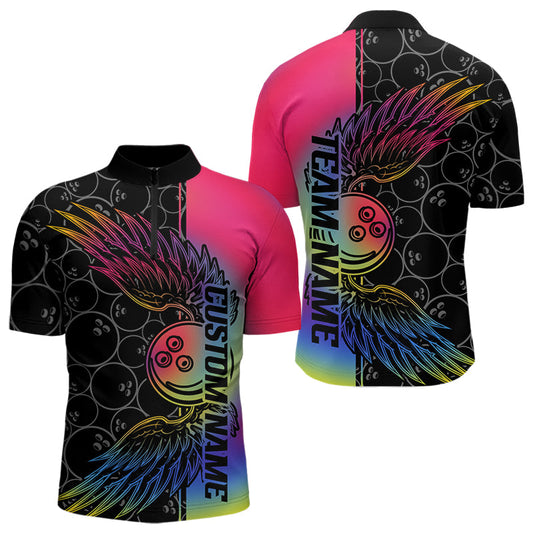 Colorful Rainbow Custom Bowling Tournament Men Quarter-Zip Shirts, Bowling Ball And Wings Jerseys IPHW8846
