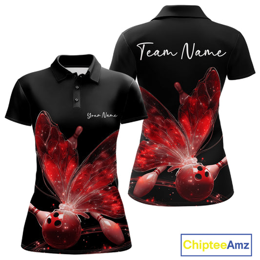Custom Red Galaxy Butterfly Bowling Women Polo Shirts, Ladies Bowling Team Outfit IPHW10943