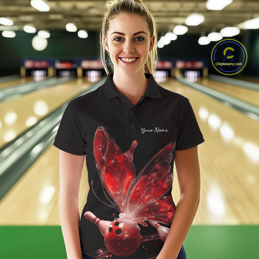Custom Red Galaxy Butterfly Bowling Women Polo Shirts, Ladies Bowling Team Outfit IPHW10943