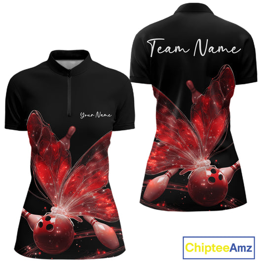 Custom Red Galaxy Butterfly Bowling Women Quarter-Zip Shirts, Ladies Bowling Team Outfit IPHW10943
