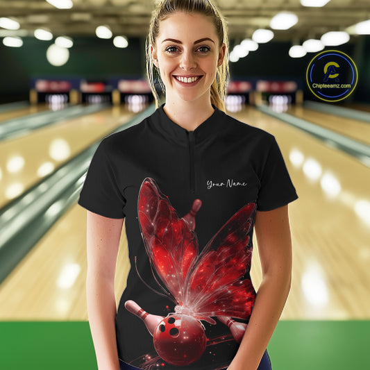 Custom Red Galaxy Butterfly Bowling Women Quarter-Zip Shirts, Ladies Bowling Team Outfit IPHW10943