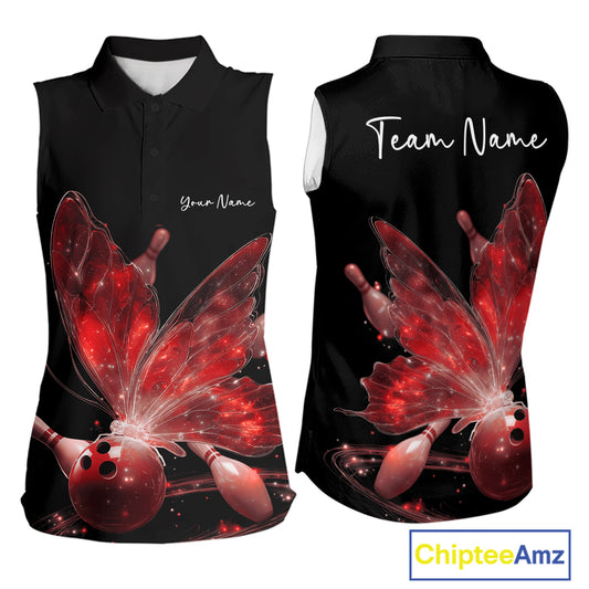 Custom Red Galaxy Butterfly Bowling Women Sleeveless Polo Shirts, Ladies Bowling Team Outfit IPHW10943