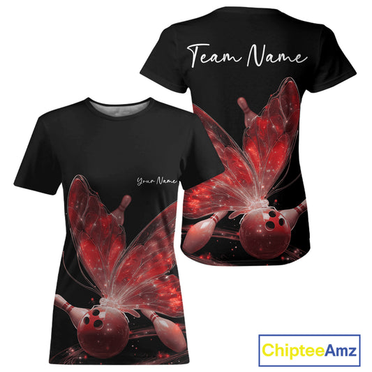Custom Red Galaxy Butterfly Bowling Women T-Shirts, Ladies Bowling Team Outfit IPHW10943