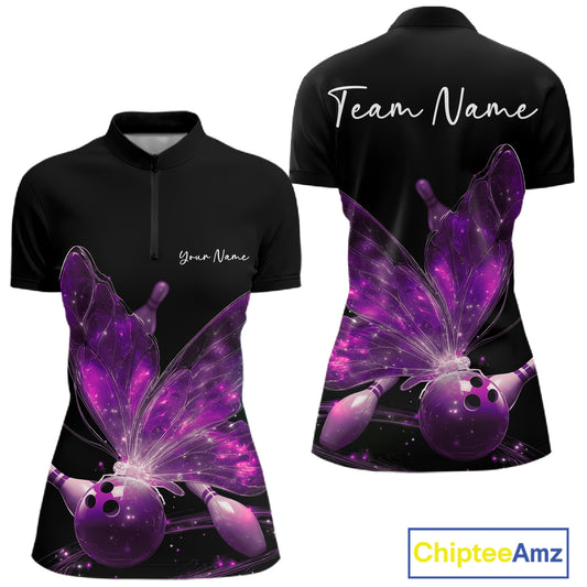 Custom Purple Galaxy Butterfly Bowling Women Quarter-Zip Shirts, Ladies Bowling Outfit IPHW10944