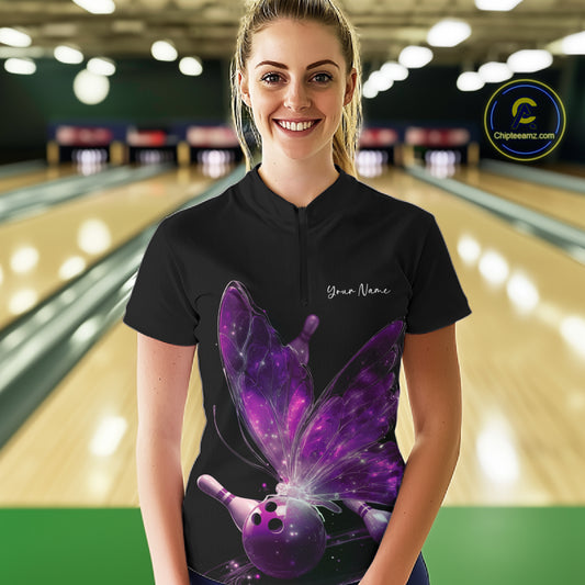 Custom Purple Galaxy Butterfly Bowling Women Quarter-Zip Shirts, Ladies Bowling Outfit IPHW10944