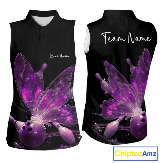 Custom Purple Galaxy Butterfly Bowling Women Sleeveless Polo Shirts, Ladies Bowling Team Outfit IPHW10944