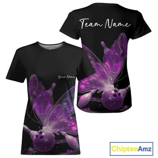 Custom Purple Galaxy Butterfly Bowling Women T-Shirts, Ladies Bowling Team Outfit IPHW10944
