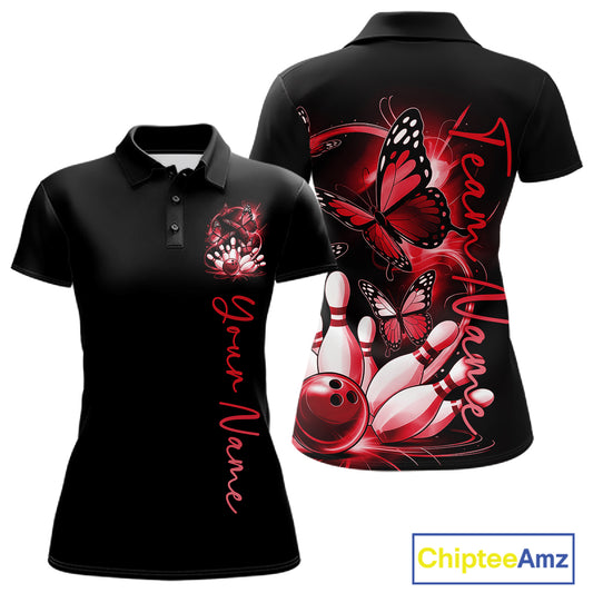 Custom Red Butterfly Bowling Women Polo Shirts With Team Name, Bowling Uniform IPHW10946