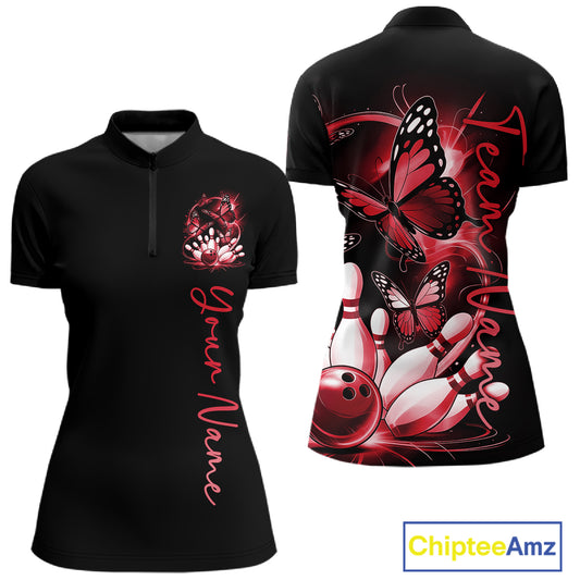 Custom Red Butterfly Bowling Women Quarter-Zip Shirts With Team Name, Bowling Uniform IPHW10946