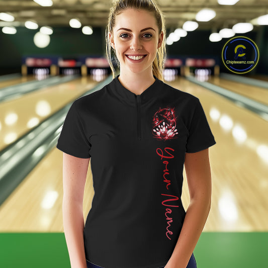 Custom Red Butterfly Bowling Women Quarter-Zip Shirts With Team Name, Bowling Uniform IPHW10946