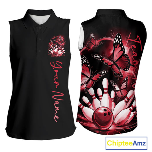 Custom Red Butterfly Bowling Women Sleeveless Polo Shirts With Team Name, Bowling Uniform IPHW10946