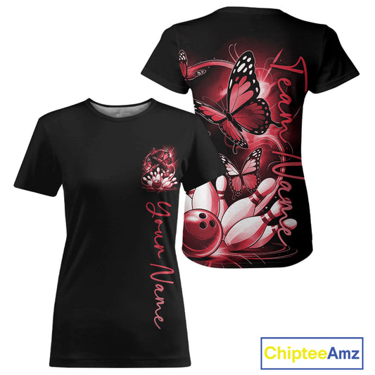 Custom Red Butterfly Bowling Women T-Shirts With Team Name, Bowling Uniform IPHW10946