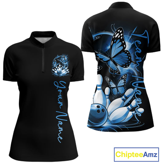 Custom Purple Butterfly Bowling Women Quarter-Zip Shirts With Team Name, Bowling Uniform IPHW10948