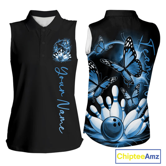 Custom Purple Butterfly Bowling Women Sleeveless Polo Shirts With Team Name, Bowling Uniform IPHW10948