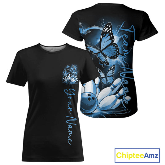 Custom Purple Butterfly Bowling Women T-Shirts With Team Name, Bowling Uniform IPHW10948