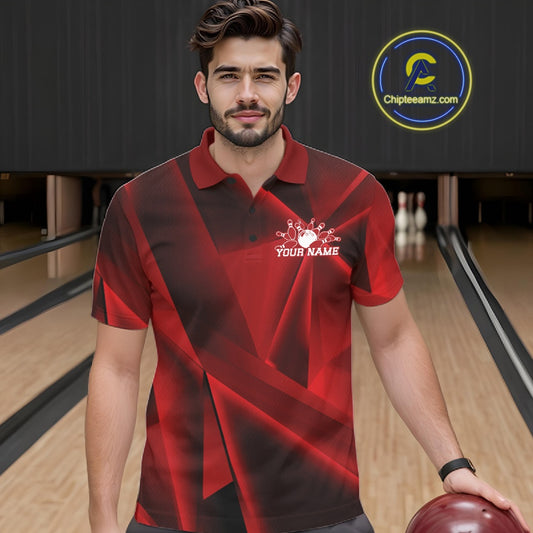 Man in a red bowling shirt with a logo on a bowling alley background
