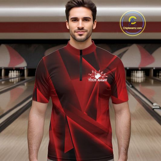 Man wearing a red and black bowling shirt with a personalized name on a bowling alley background