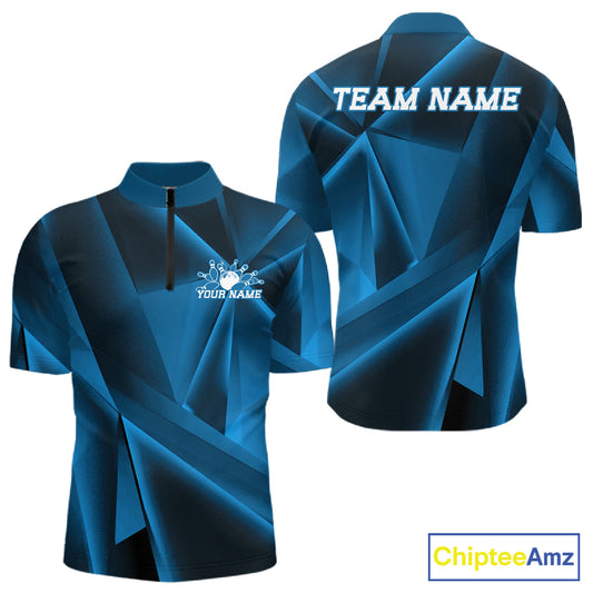 Blue sports jersey with geometric design, front and back views, on a white background.