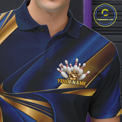 A close-up of a person wearing a navy blue and gold bowling-themed polo shirt with a bowling pins and ball graphic and the text 'YOUR NAME' on the chest. 