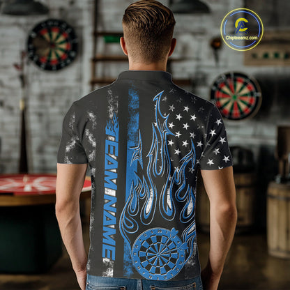 Custom Blue Thin Line US Flag Patriotic Flame Dartboard Dart Men Polo Shirts, Dart Jerseys IPHW9640