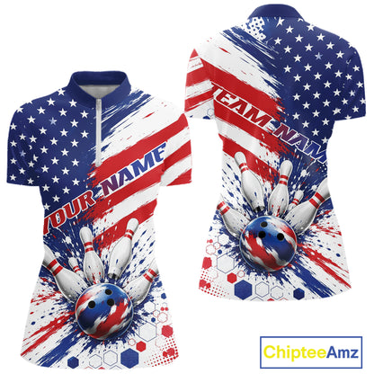 Custom Patriotic American Bowling Women Quarter-Zip Shirt, Splatter Bowling Jersey IPHW11844