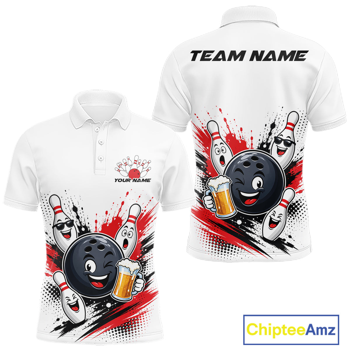 Custom White And Red Funny Beer Bowling Men Polo Shirt, Beer Drinking Party Bowling IPHW11850