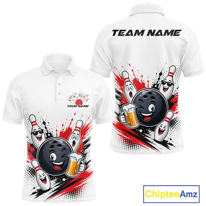 Custom White And Red Funny Beer Bowling Men Polo Shirt, Beer Drinking Party Bowling IPHW11850