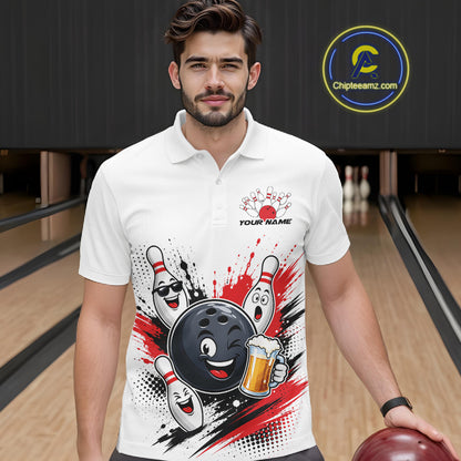Custom White And Red Funny Beer Bowling Men Polo Shirt, Beer Drinking Party Bowling IPHW11850