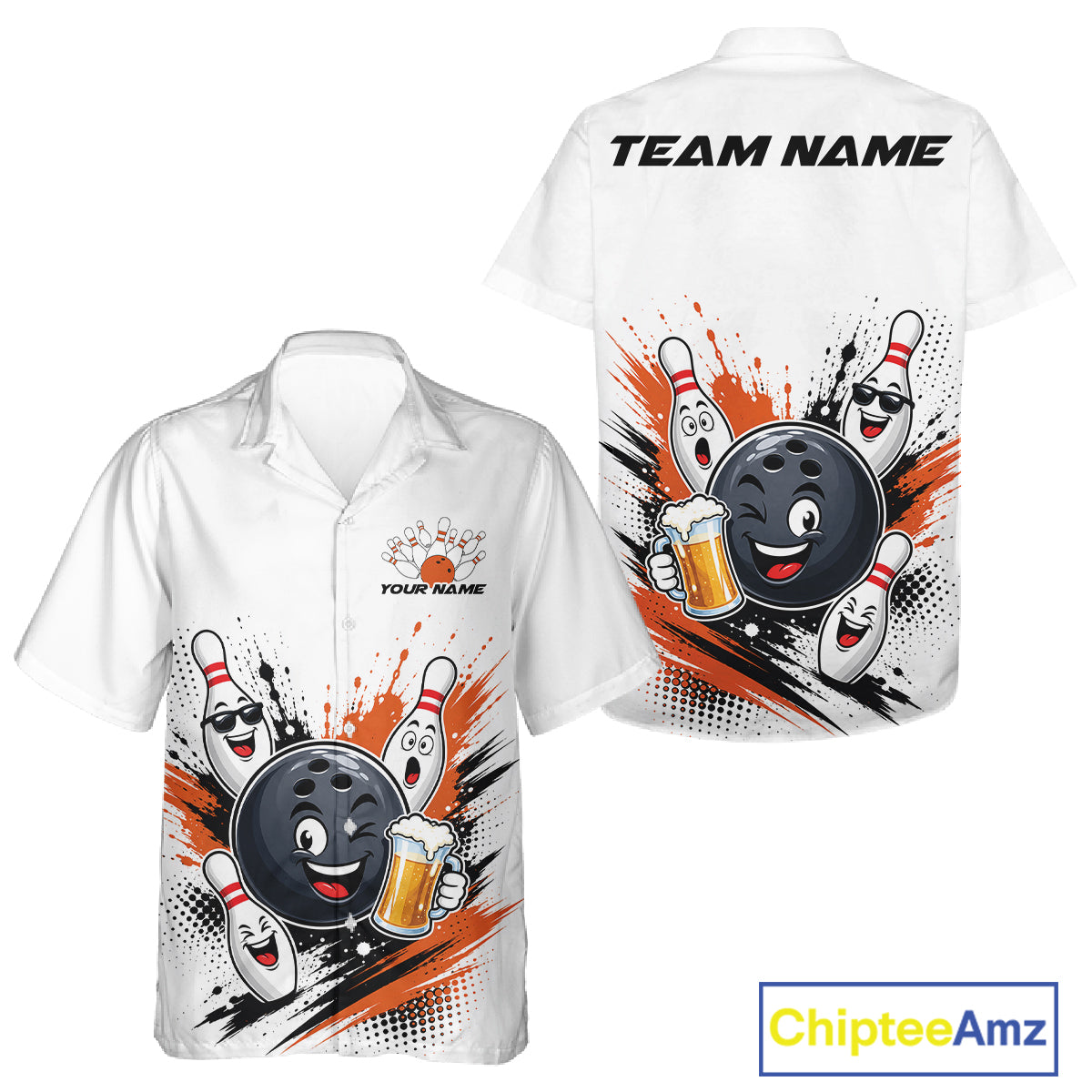 Custom White And Orange Funny Beer Bowling Men And Women Button Up Shirt, Beer Drinking Party Bowling IPHW11852