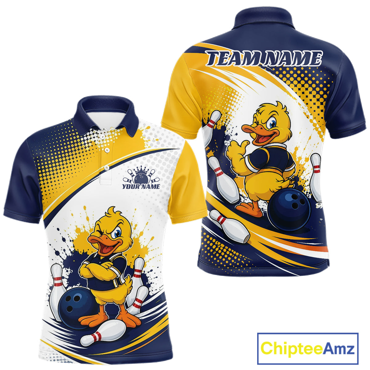Custom Blue And Yellow Funny Duck Bowling Team Men Polo Shirt, Bowling Jersey IPHW11856