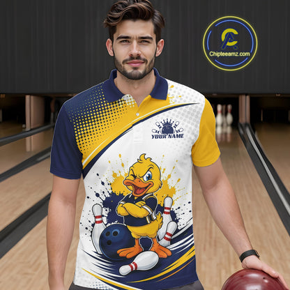 Custom Blue And Yellow Funny Duck Bowling Team Men Polo Shirt, Bowling Jersey IPHW11856