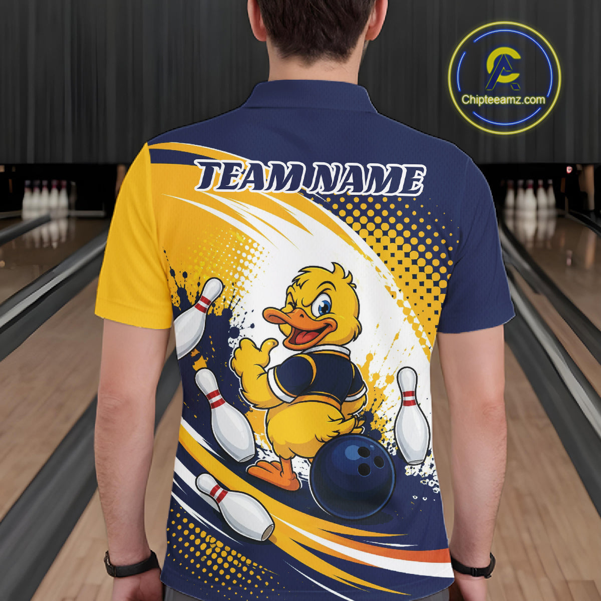 Custom Blue And Yellow Funny Duck Bowling Team Men Polo Shirt, Bowling Jersey IPHW11856