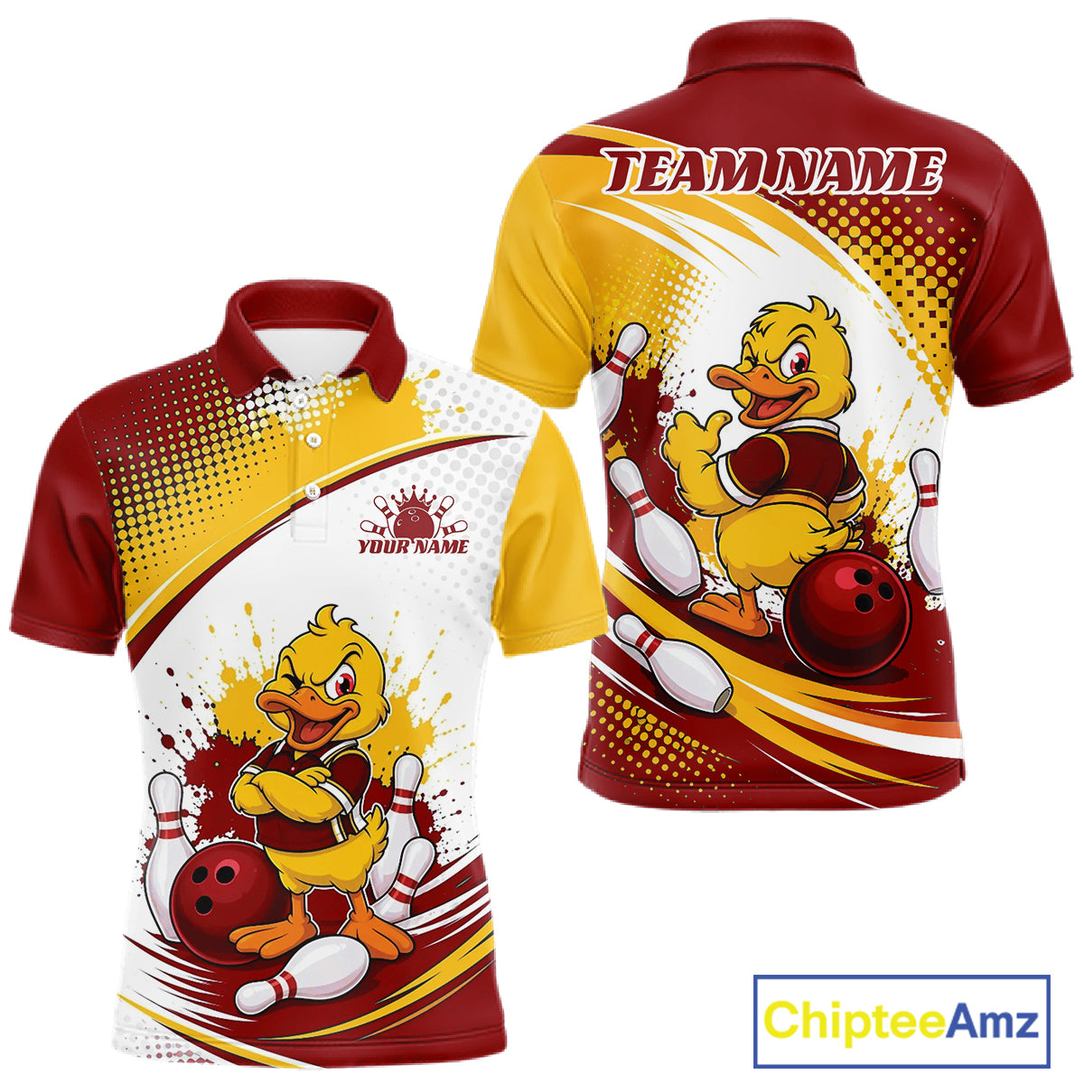 Custom Red And Yellow Funny Duck Bowling Team Men Polo Shirt, Bowling Jersey IPHW11858