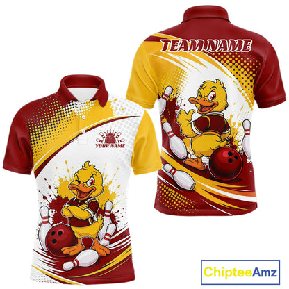 Custom Red And Yellow Funny Duck Bowling Team Men Polo Shirt, Bowling Jersey IPHW11858