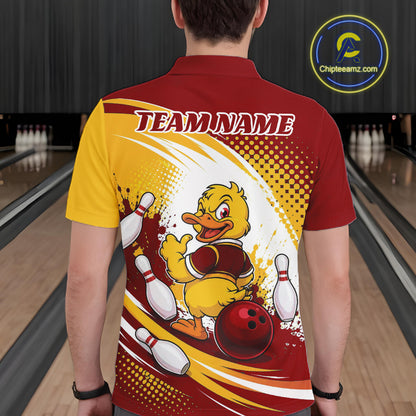 Custom Red And Yellow Funny Duck Bowling Team Men Polo Shirt, Bowling Jersey IPHW11858